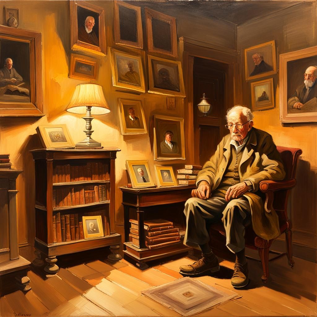 Elderly Person in Dimly Lit Study as Oil Painting