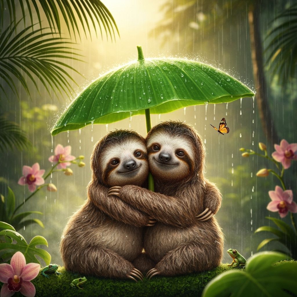 Heartwarming Sloths Cuddle Under Tropical Rain