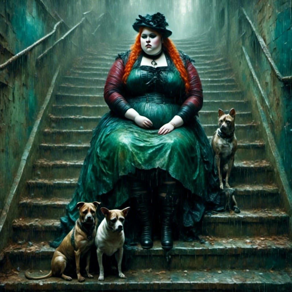 Impressionist Painting of Woman with Dog in Rain