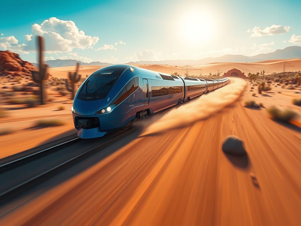 Sleek Futuristic Train Speeds Through Desert Landscape in Ci...