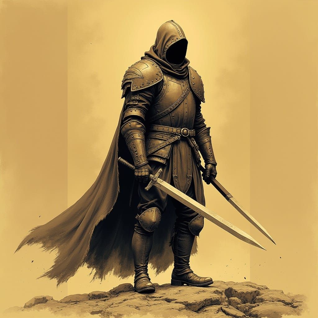 Medieval Fantasy Rogue in Sepia-Toned Ink