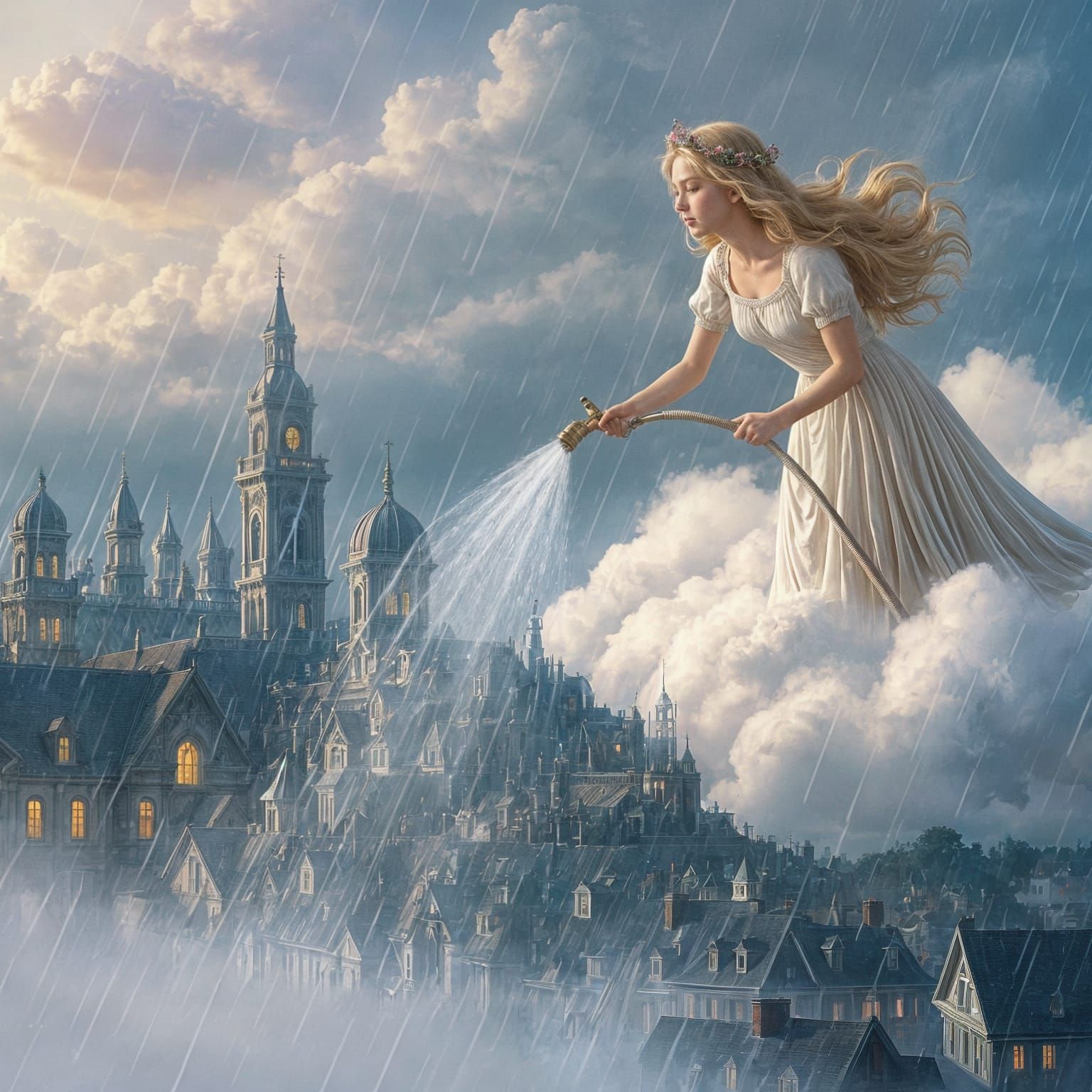 Goddess Creates Rain Over City, Ethereal Fantasy Art