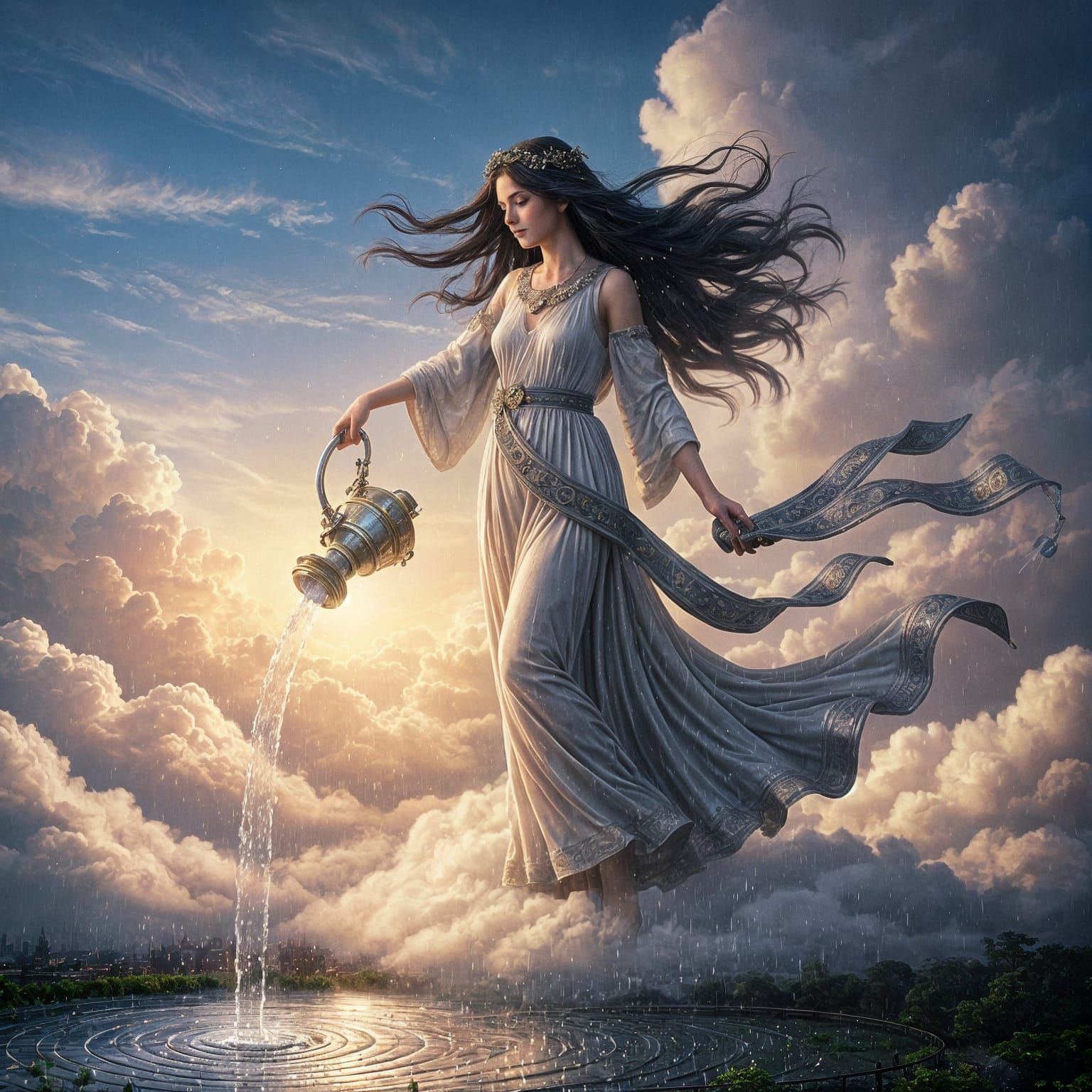 Goddess Creates Rain Over City in Ethereal Style