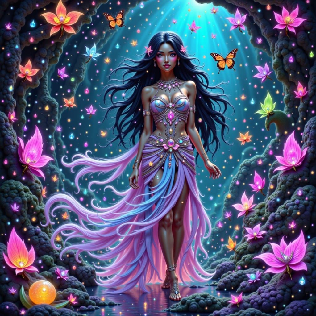 Crystal Cave Adventurer in Neon Ink Splatter Style