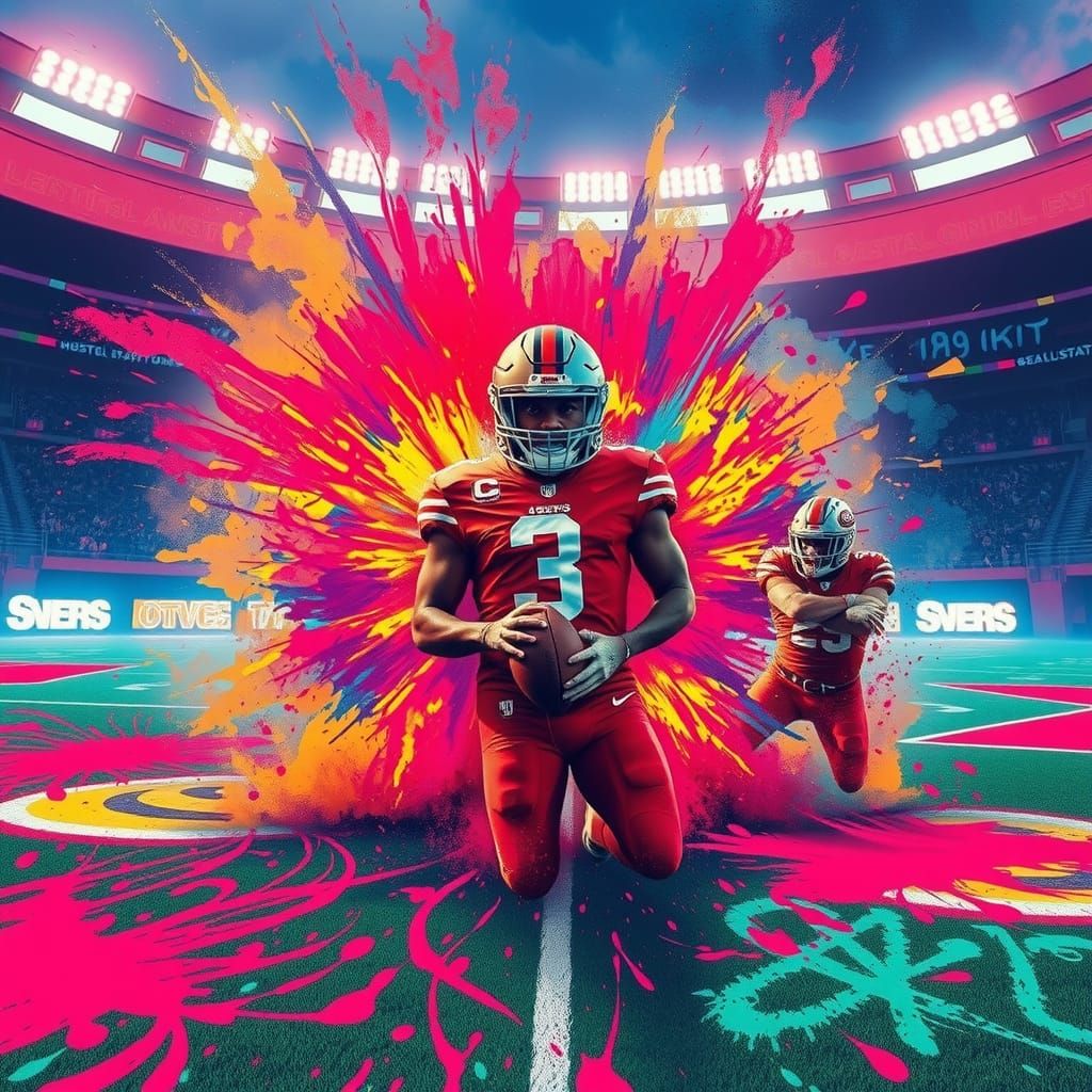 Psychedelic 49ers Graffiti on Neon Splattered Field