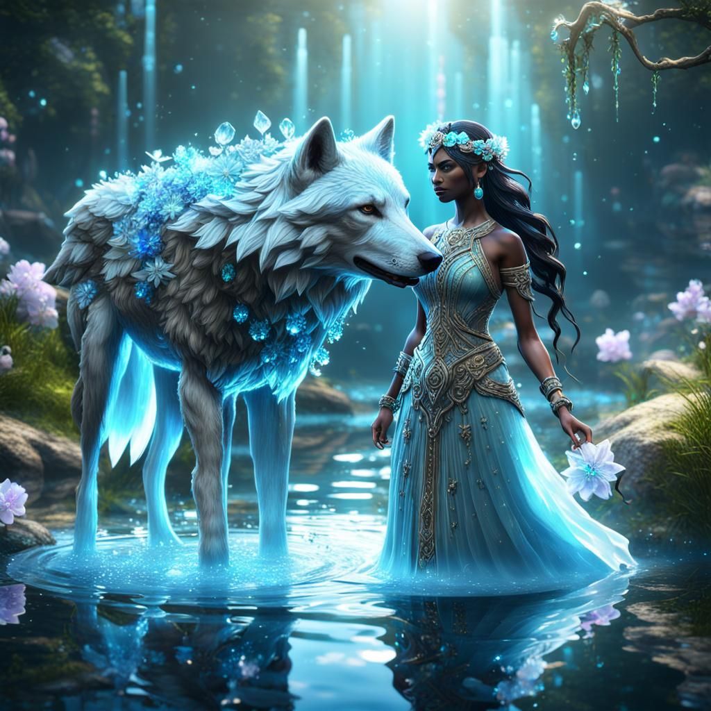 Goddess and Wolf with Crystal Flowers in 3D