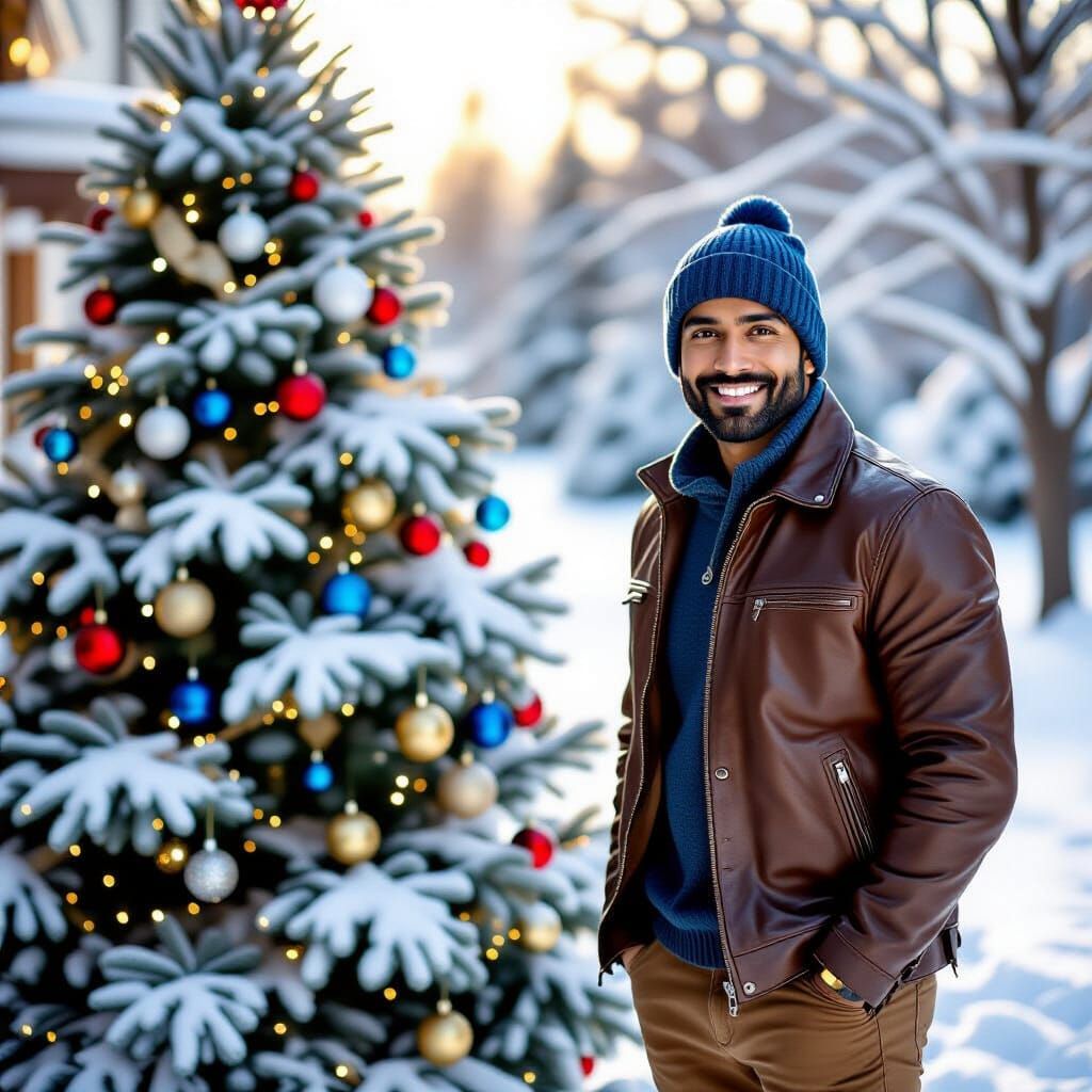 Handsome Indian Man in Snowy Christmas Scene