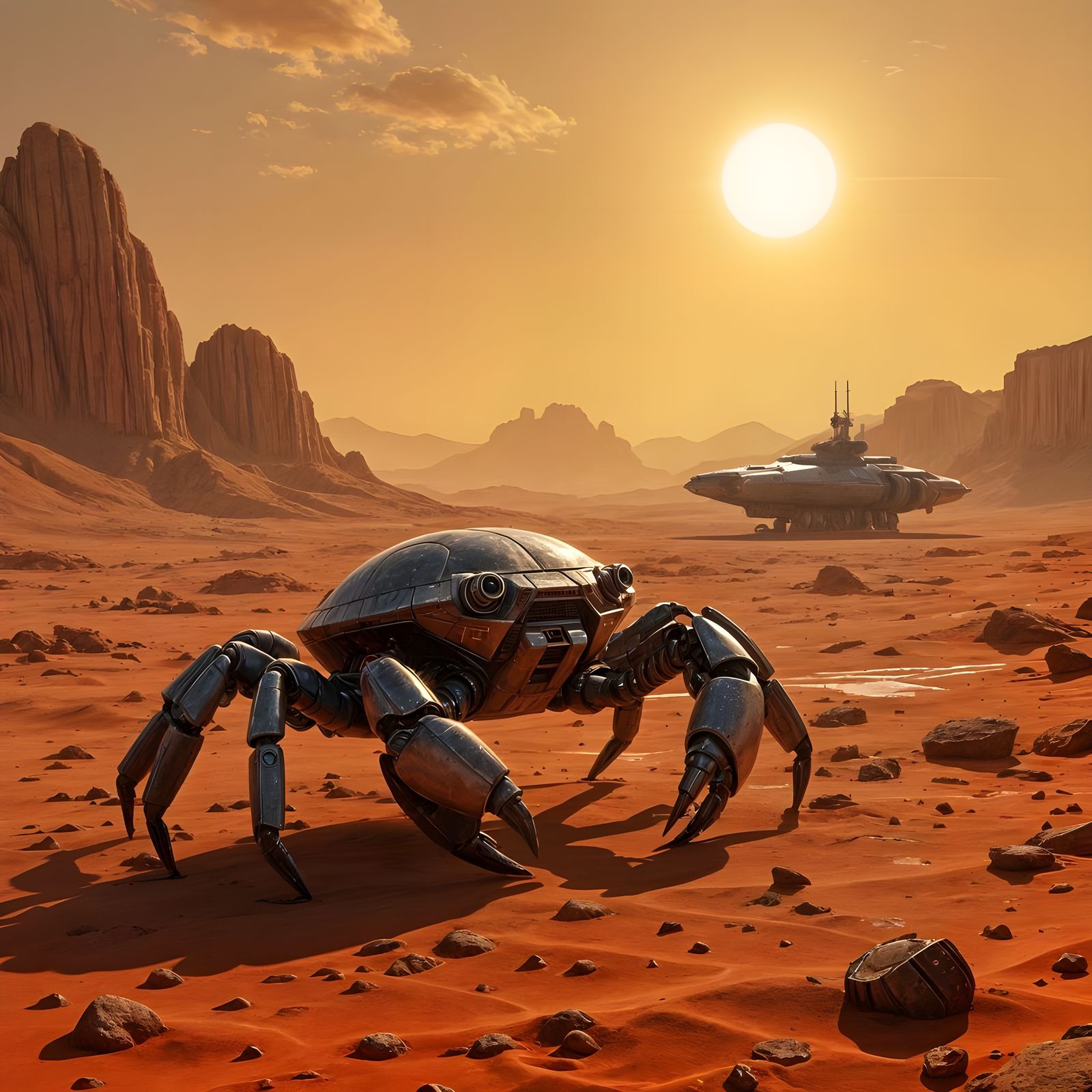 Crab-borg on Alien Planet Under Red Sun