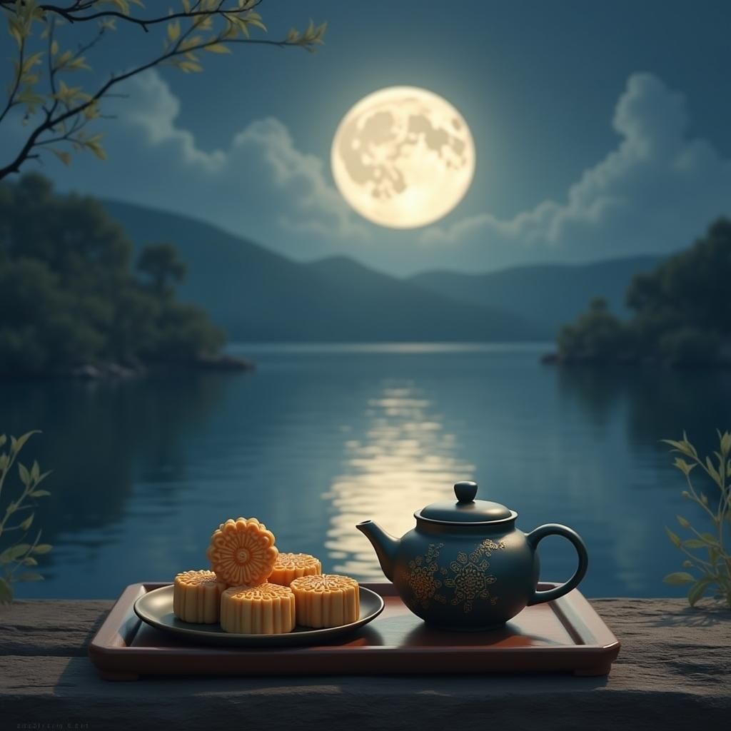 Moonlit Lake with Mooncakes and Chinese Teapot