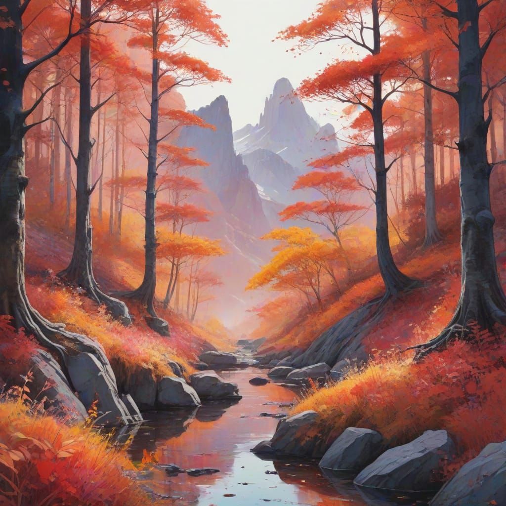 Vibrant Autumn Forest Hill in Watercolor Style