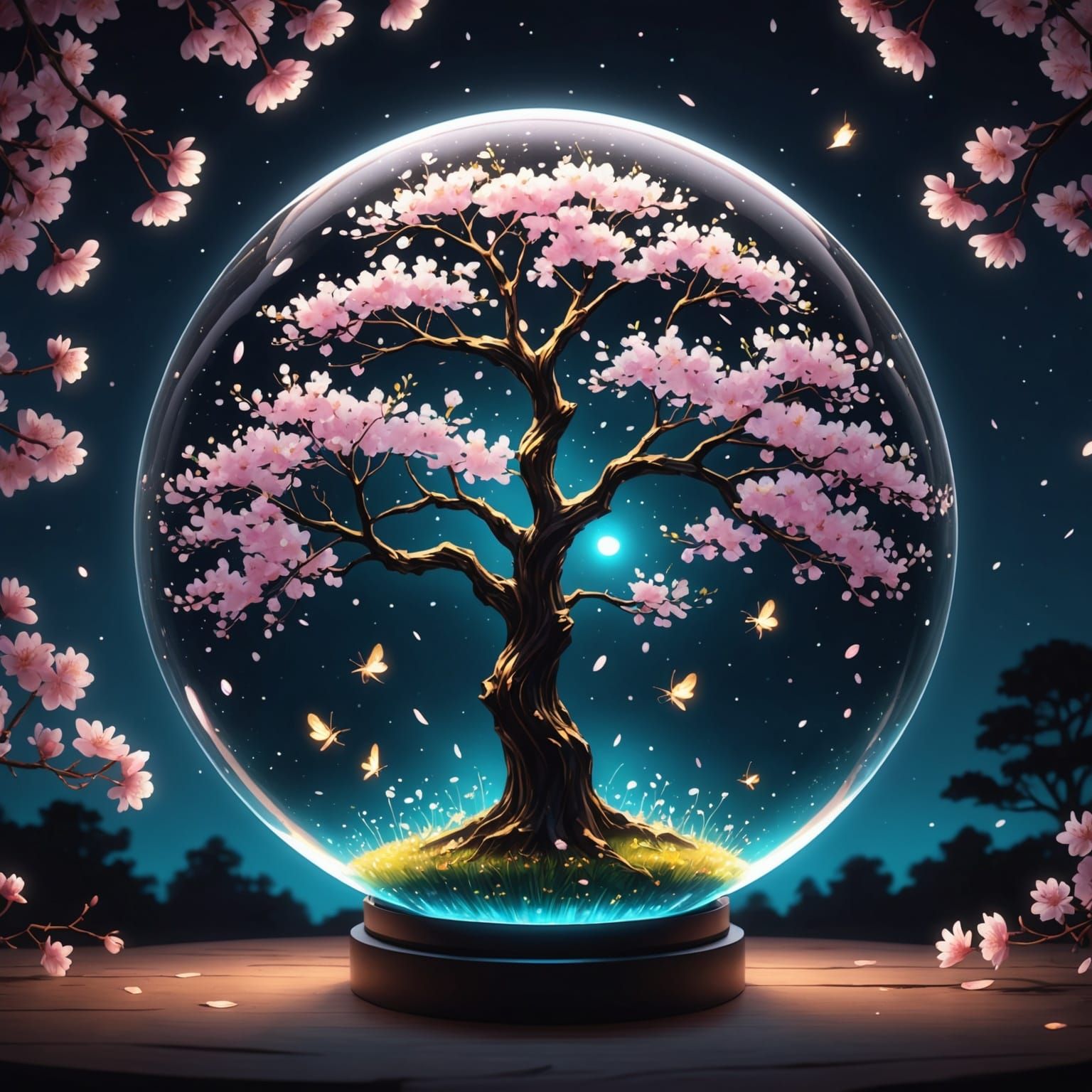 Glowing Cherry Blossom Tree in Glass Sphere, Anime Style