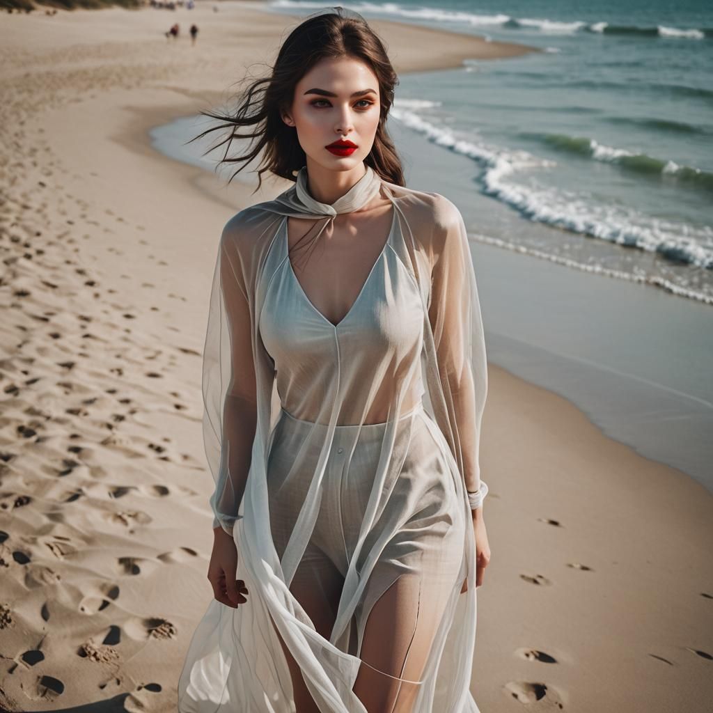 Beautiful Woman with Red Lips on Beach
