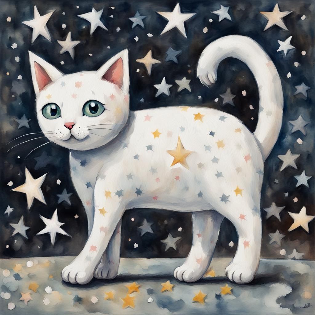 White Cat Plushie as Gouache Watercolor Painting