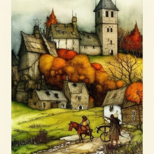 Autumn Harvest in Old Village: Storybook Style