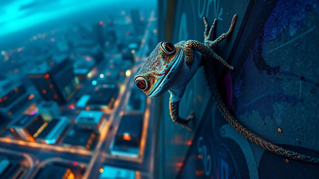 Dreamlike Geiko Crawl on Skyscraper Facade in Vibrant Colors