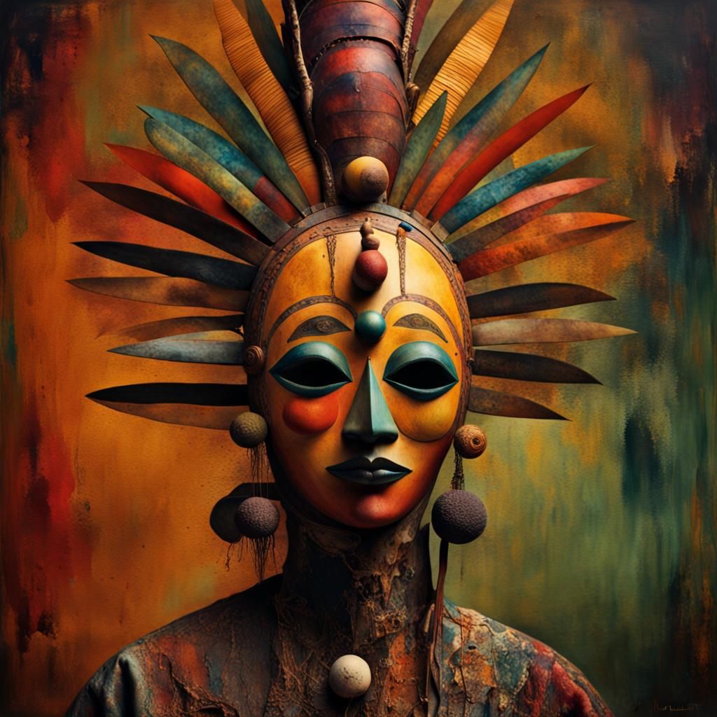 Surrealistic Dreamscape with African Mask and Watercolor