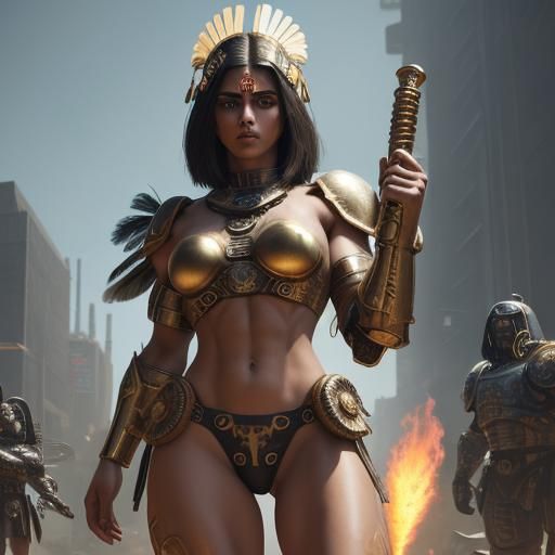 Aztec Warrior Woman with Flaming Sword in Cyberpunk Style