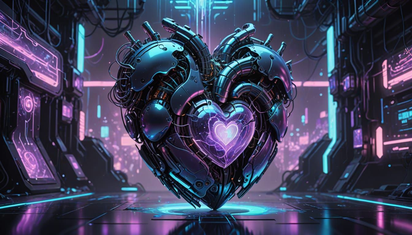 Pulsating Cyborg Heart in Neon Cyberpunk Landscape