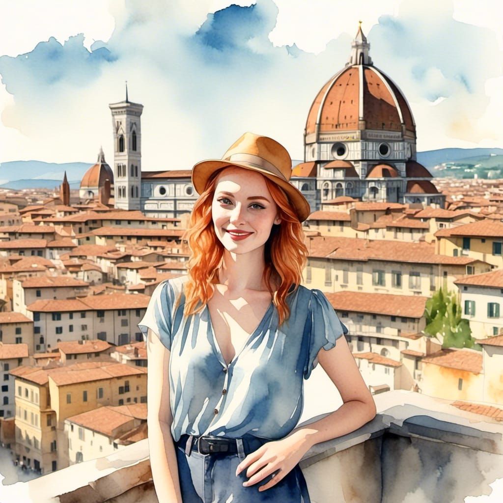 Ginger Woman in Florence: Watercolor Style
