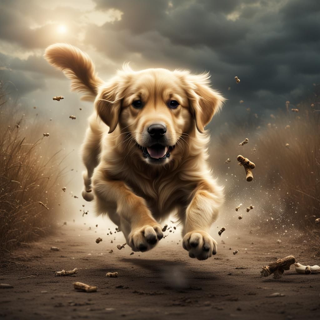 Golden Retriever Puppy Chasing Bone: Digital Painting