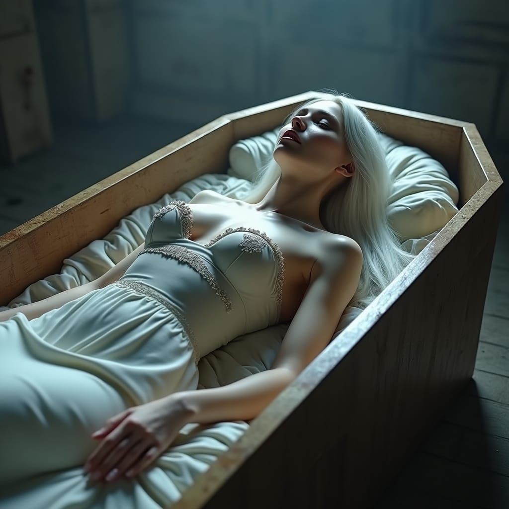 Ethereal Lady in Coffin, Shrouded in Mysterious Atmosphere