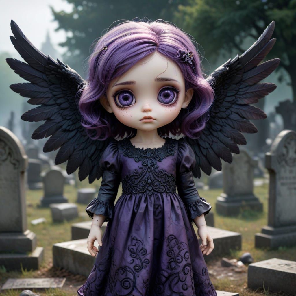 Gothic Chibi Angel in Horror Graveyard - Matte Painting