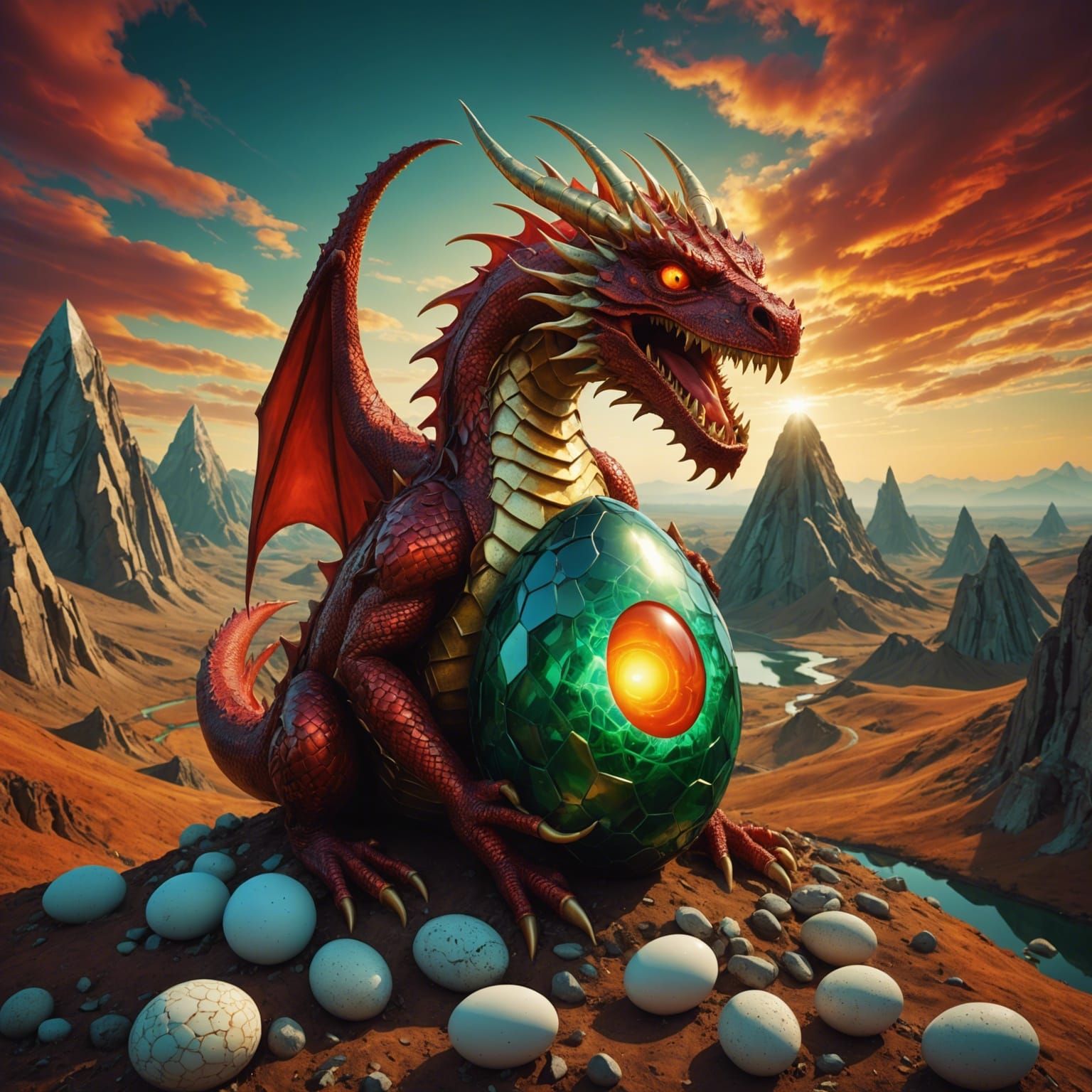 Dragon Hatching in Surreal Chromatic Landscape