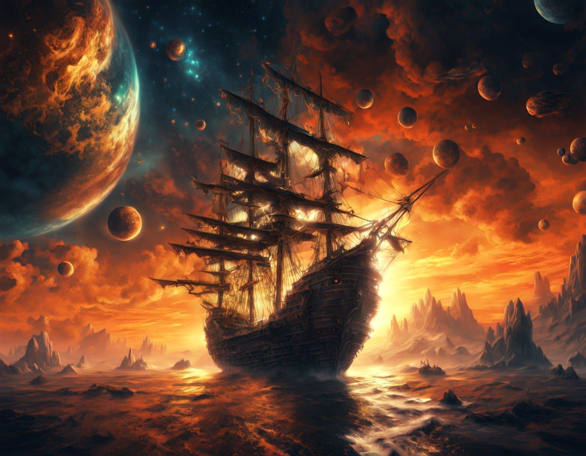 Nebula Galleon in Space, Digital Art