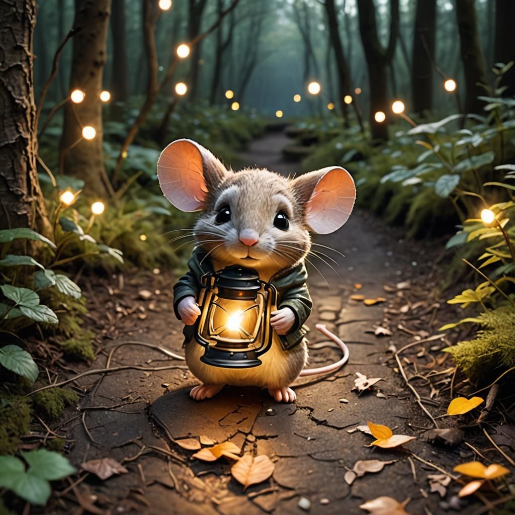Mouse with Lantern Walking Woodland Path