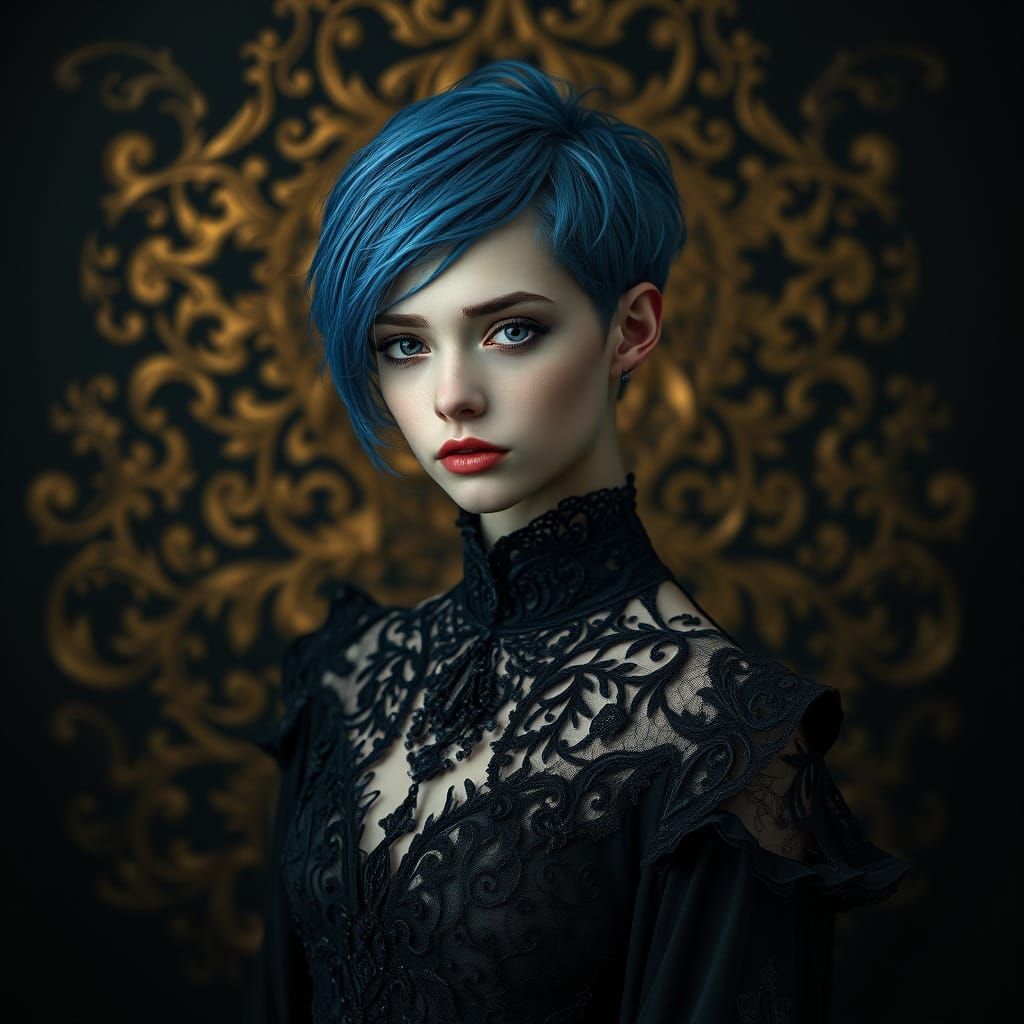 Gothic Woman with Blue Hair in Dreamlike Portrait