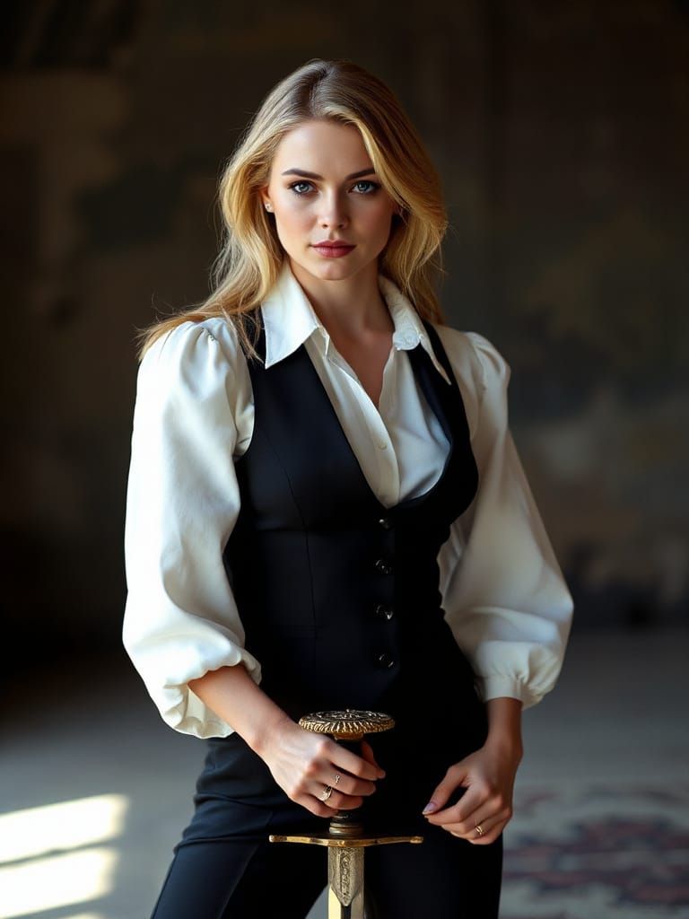 Elegant Blonde Woman Wields Rapier in Cinematic Film Still