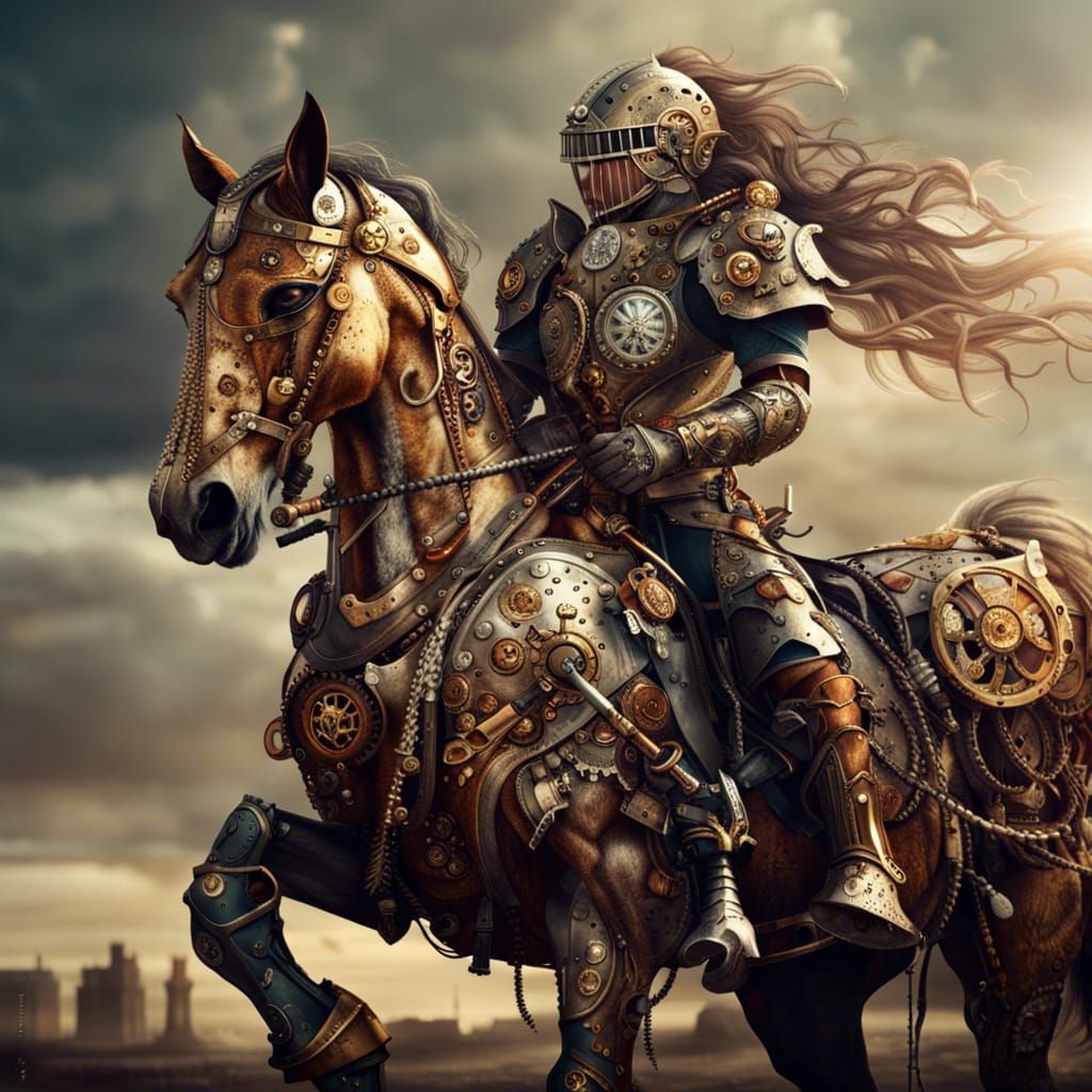 Steampunk Cyborg Horse Warrior in Detailed Matte Painting