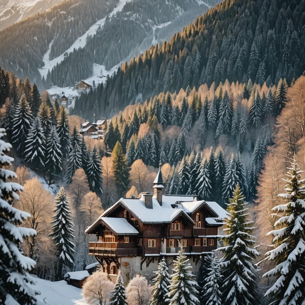 Alpine Chalet in Winter Wonderland Landscape Photography