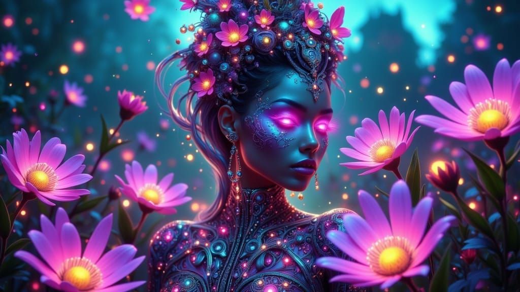 Bioluminescent Woman in Field of Glowing Flowers