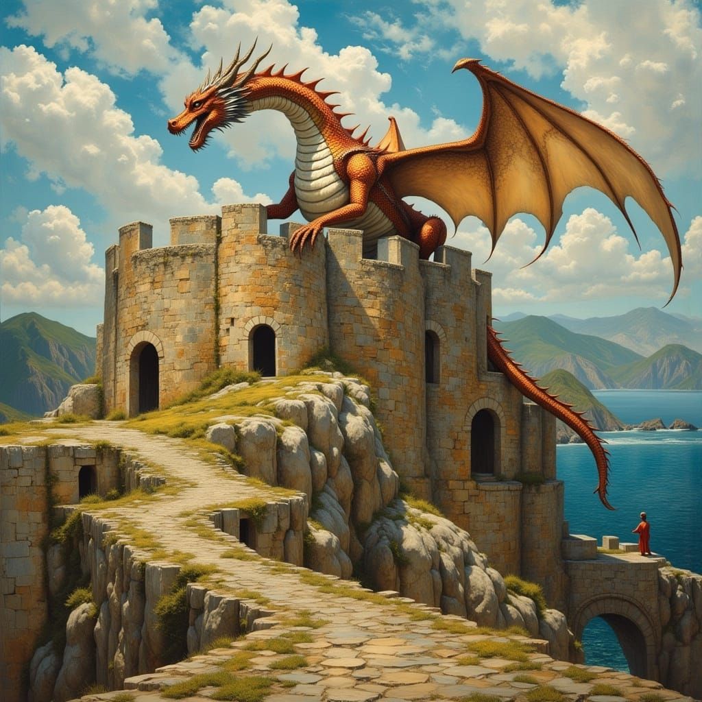 Dragon Over Coastal Fortress in Classical Oil Painting