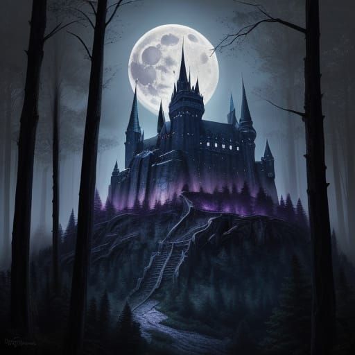 Mystical Stone Fortress in Moonlight: Dark Fantasy Art