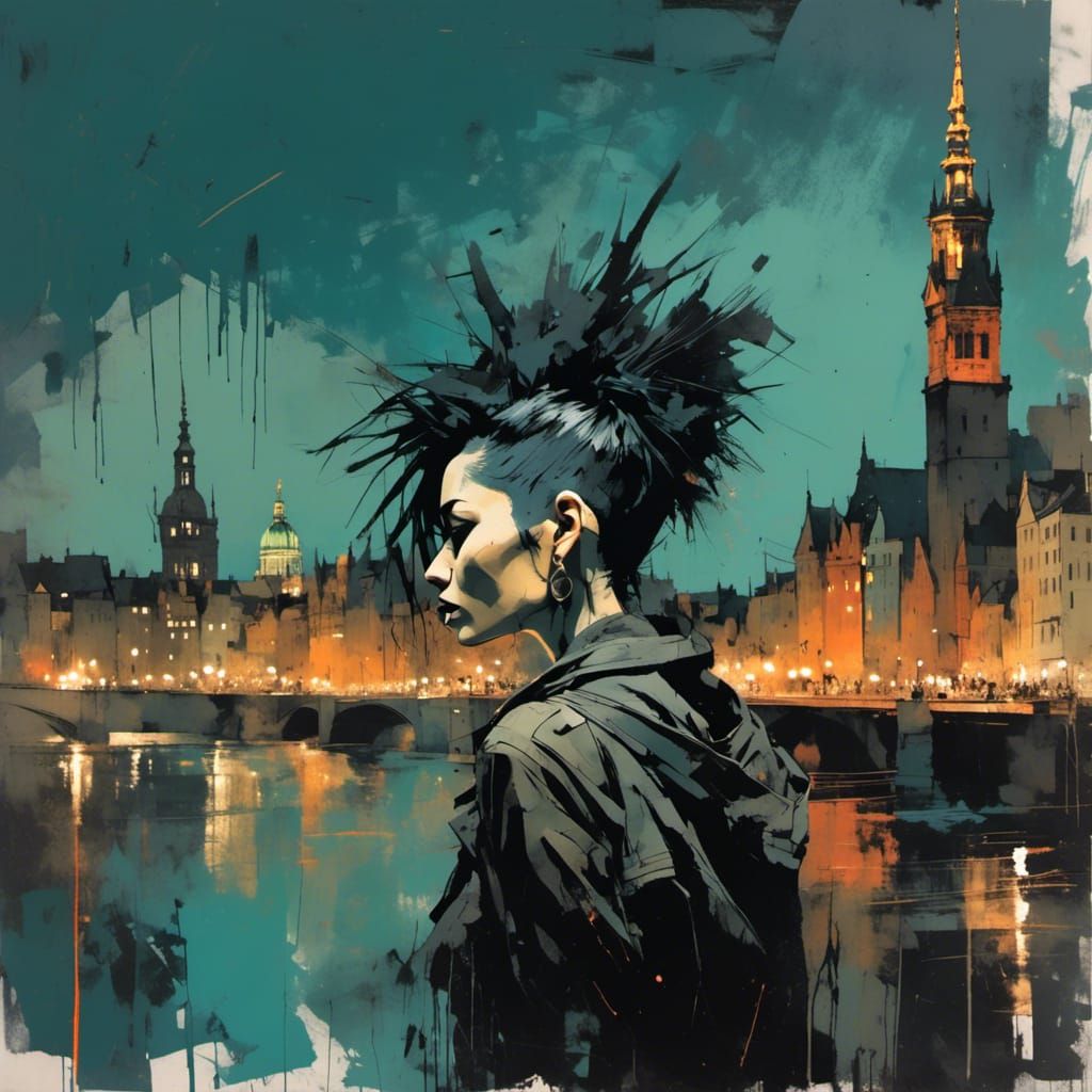 Goth Woman with Mohawk in Stockholm: Mixed-Media Art