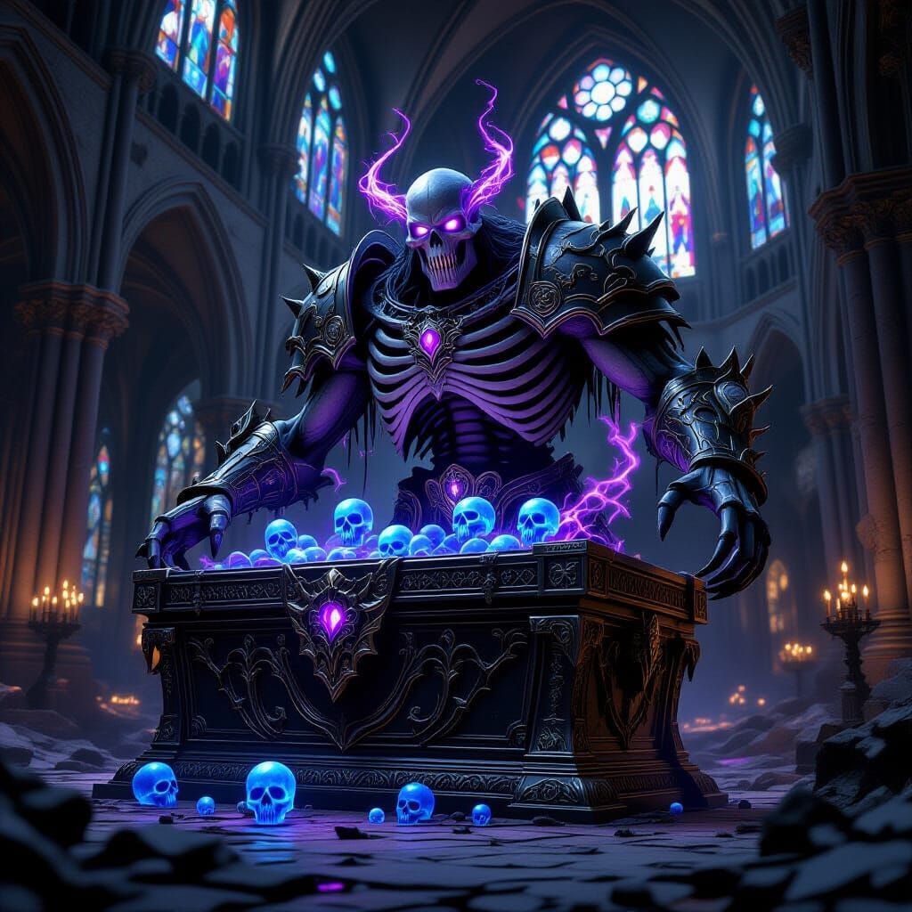 Dark Fantasy Sarcophagus Guarded by Skeletal Ogre