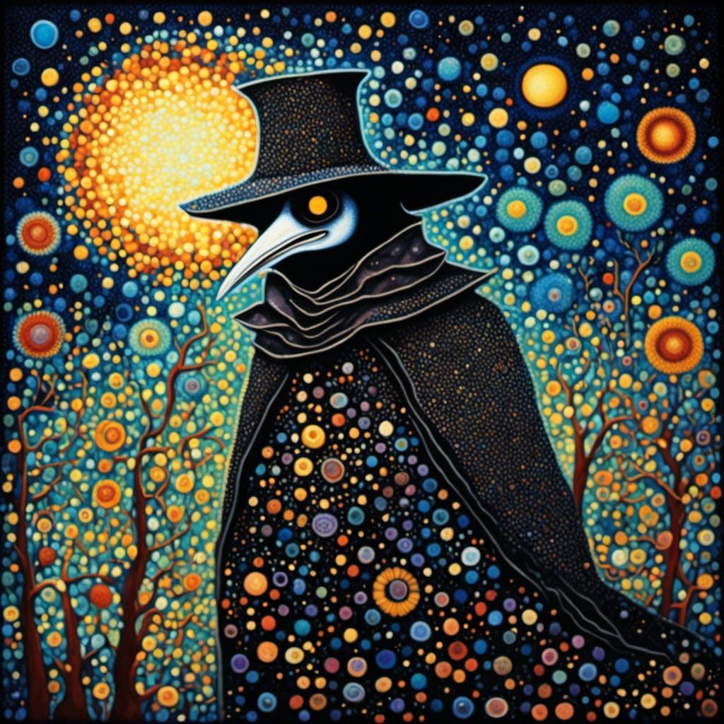 Dark Whimsical Plague Doctor in Pointillism Style