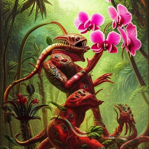 Dj Alien, with watermelon theme on Yalda night in ancient Iran detailed_creature kaiju, jungle, puddle, orchids, lillies...
