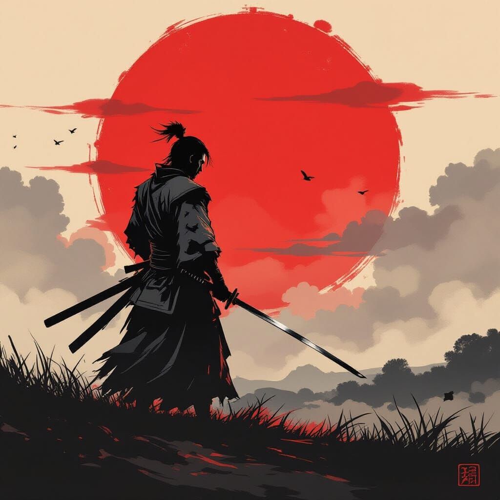 Samurai Warrior at Blood-Red Sunset Battlefield
