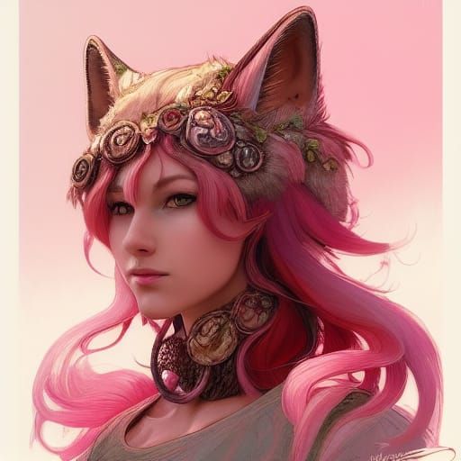 Pink Fox Portrait with Mushrooms, Detailed Digital Art