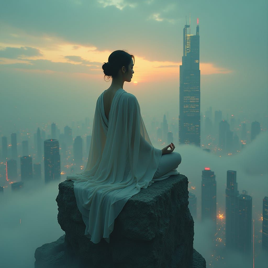 Meditating Woman Overlooking Futuristic Cityscape