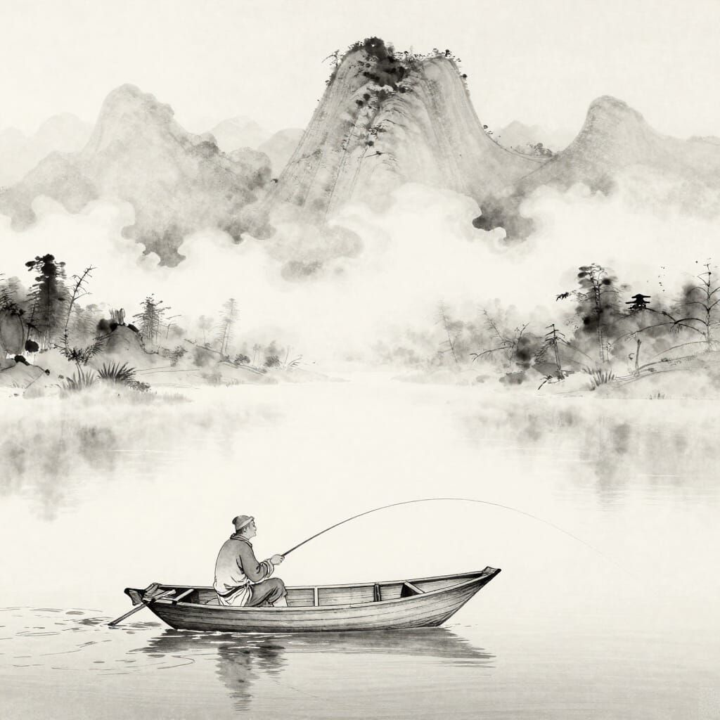 Old Fisherman in Misty Lake Ink Drawing