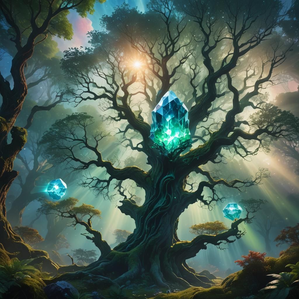 Ethereal Crystal Piercing Sky in Fantasy Landscape