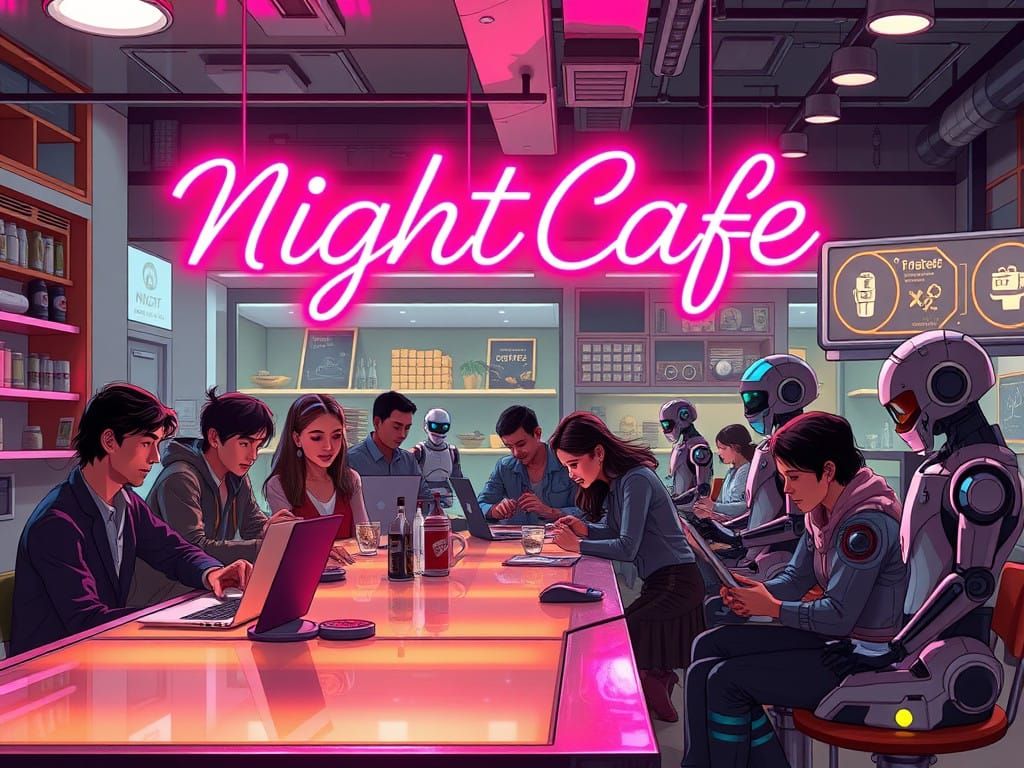 Sleek Coffee Shop at Night: Vibrant Neon Sign, Futuristic Pa...