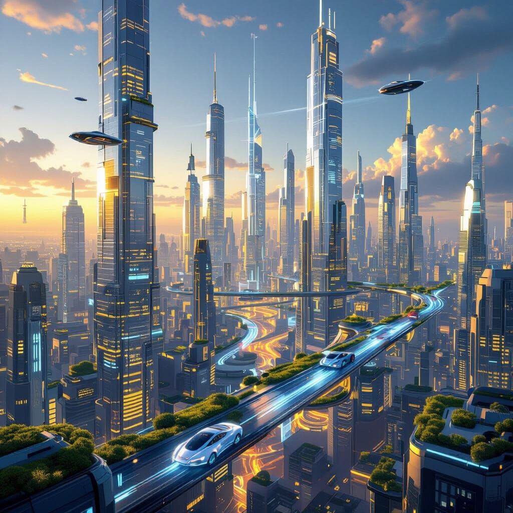 Futuristic Cityscape with Glowing Skyscrapers and Neon Stree...