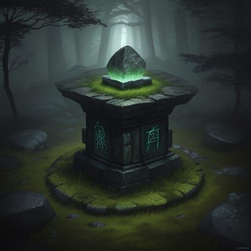 Mysterious Stone with Glowing Runes in Dark Forest