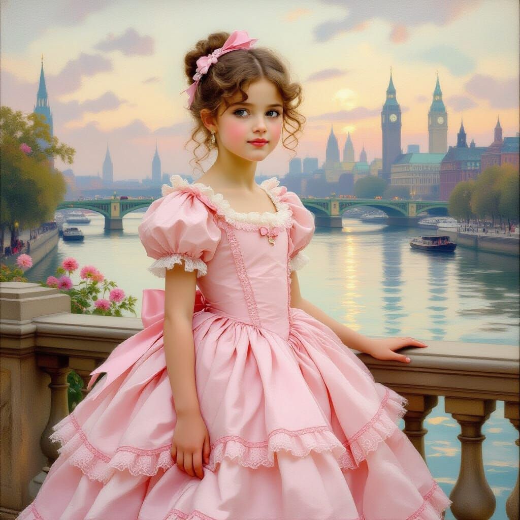 Girl in Pink Dress Beside London, in Classical Style