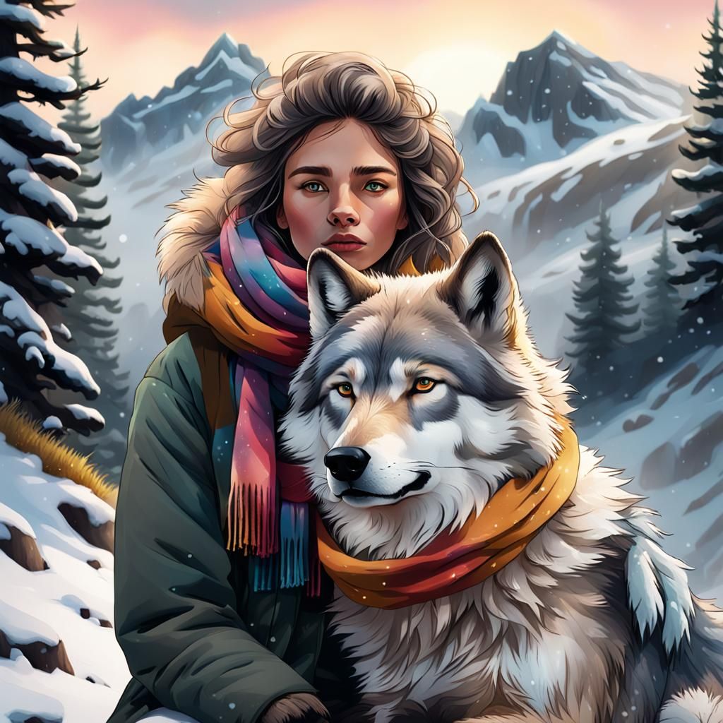 A young girl with a majestic wolf
